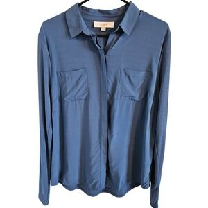 LOFT Woman Size L Blue Blouse Mixed Fabric Hidden Buttons Pockets Classic Staple